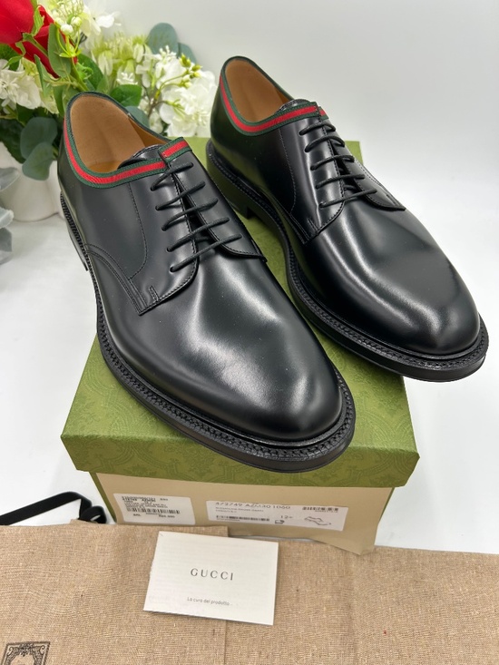 Men’s Gucci Black Leather Derby Shoes with Green-Red Web trim Size 12.5 main image 9